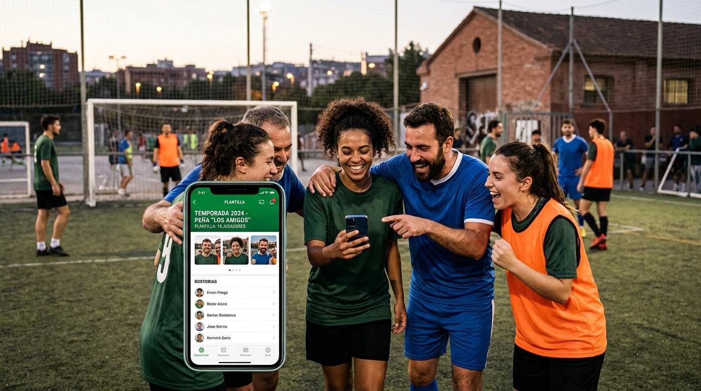 Grupo de jugadores de fútbol amateur celebrando un gol y usando una aplicación de móvil para coordinarse