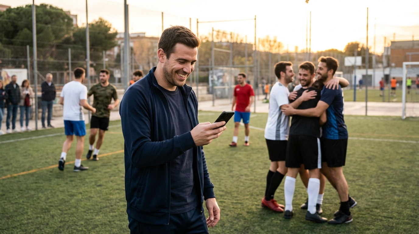 Un administrador de peña de fútbol sonriendo mientras revisa su móvil, con jugadores disfrutando de un partido de fondo, simbolizando la eficiencia y el tiempo liberado gracias a la automatización.