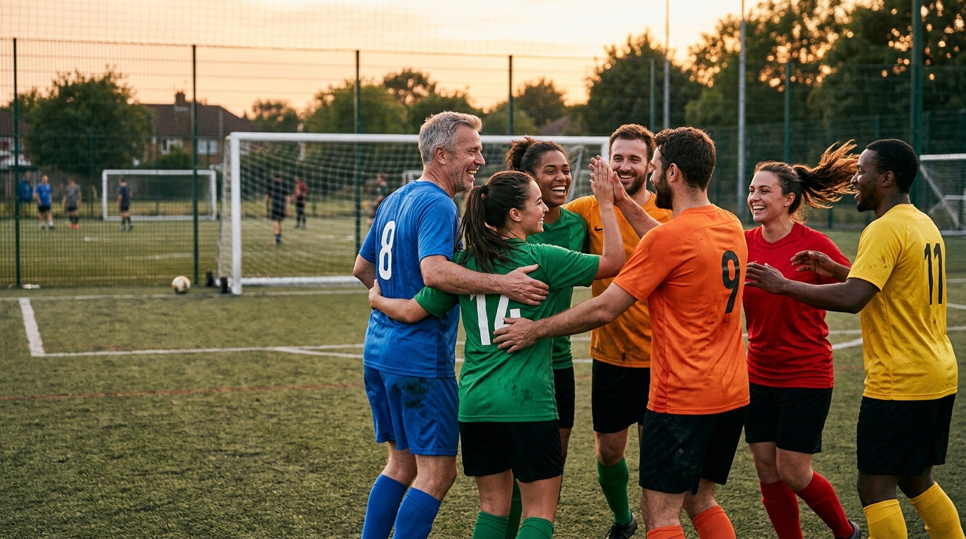 Jugadores de fútbol amateur celebrando un gol, mostrando compañerismo y buena integración en una peña.