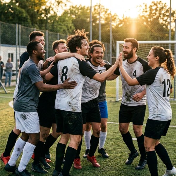 Jugadores de fútbol amateur celebrando un gol en equipo, simbolizando unidad y una cultura ganadora.
