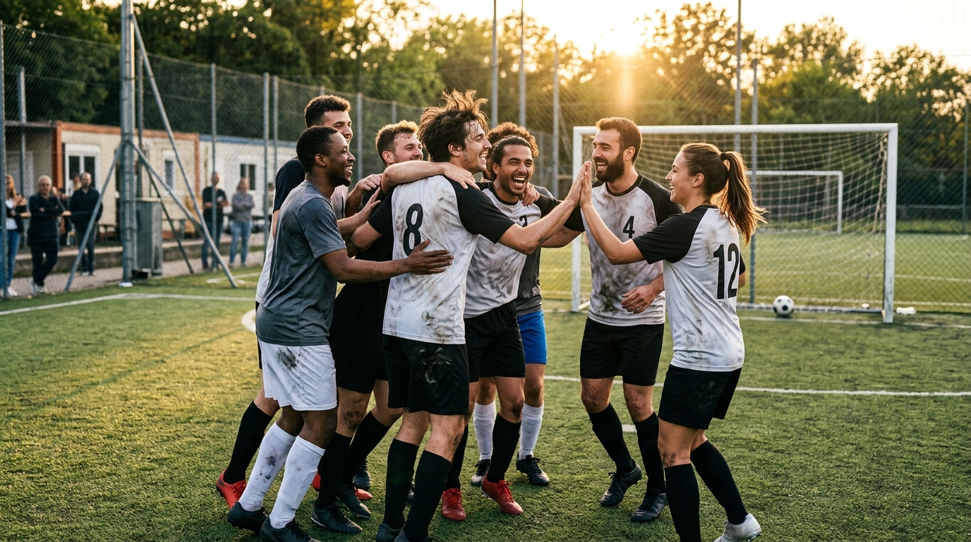 Jugadores de fútbol amateur celebrando un gol en equipo, simbolizando unidad y una cultura ganadora.