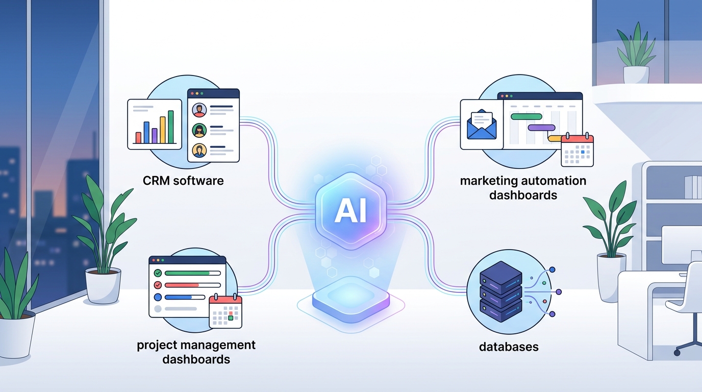 Ilustración de un robot o asistente IA interactuando con diversas interfaces de software y herramientas digitales, representando la conexión de agentes IA con el mundo real para la automatización de startups.