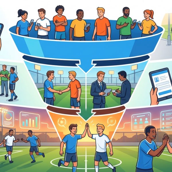 Diagrama de un funnel con jugadores de fútbol amateur en cada etapa: atracción, conversión y retención, con el logo de SIVOY.