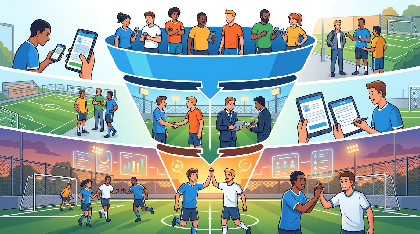 Diagrama de un funnel con jugadores de fútbol amateur en cada etapa: atracción, conversión y retención, con el logo de SIVOY.