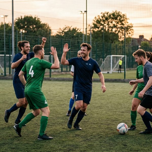 Ilustración de una red compleja de datos y servidores conectando a jugadores de fútbol amateur en un campo, simbolizando una arquitectura de app robusta y escalable.