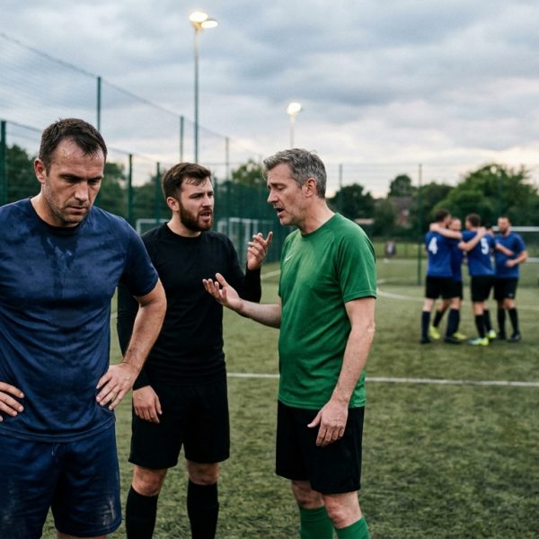 Jugadores de fútbol amateur frustrados por equipos desequilibrados en un partido