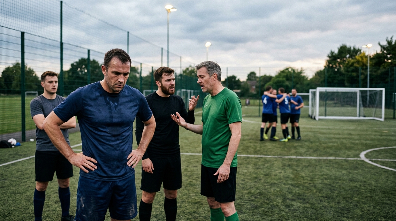 Jugadores de fútbol amateur frustrados por equipos desequilibrados en un partido
