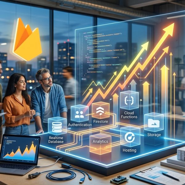 Gráfico que ilustra la escalabilidad de una aplicación con el logo de Firebase de fondo y flechas ascendentes que representan el crecimiento.