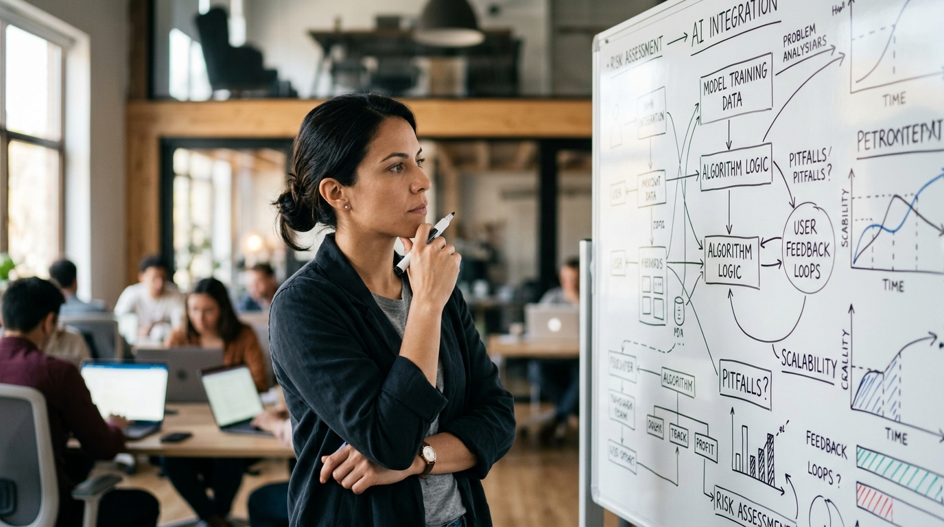 Fundador de startup pensando, rodeado de diagramas de IA y datos, evitando errores críticos IA startups