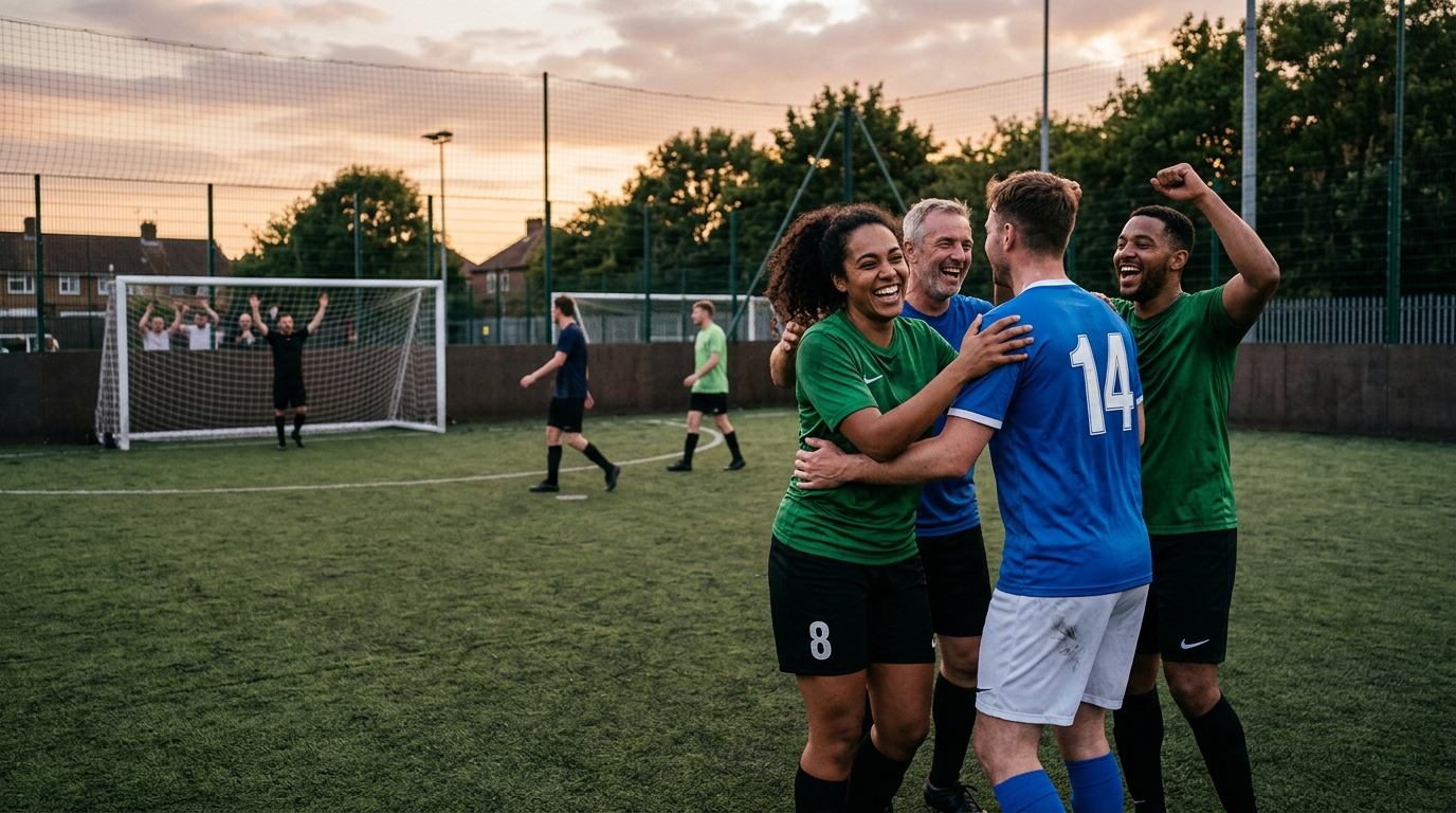 Jugadores de fútbol amateur celebrando un gol, con una interfaz de aplicación SIVOY superpuesta mostrando conexiones inteligentes entre jugadores y partidos.