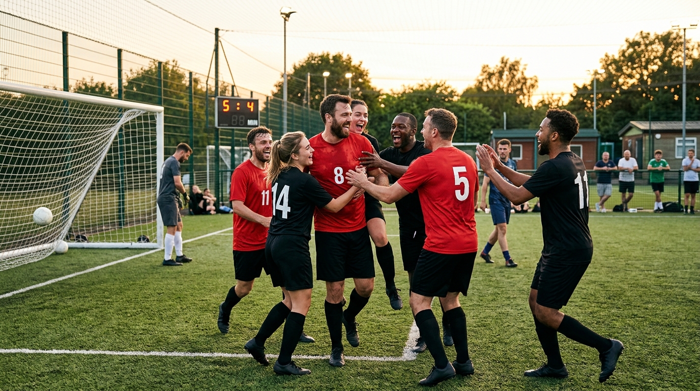 Equipo de fútbol amateur celebrando un gol en un campo bien organizado gracias a una plataforma fiable.