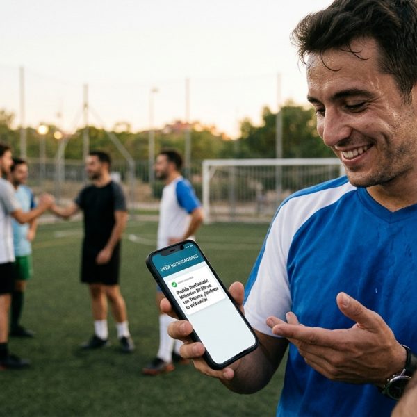 Jugador de fútbol amateur mirando su móvil sonriente, recibiendo una notificación inteligente sobre un partido o convocatoria de su peña.