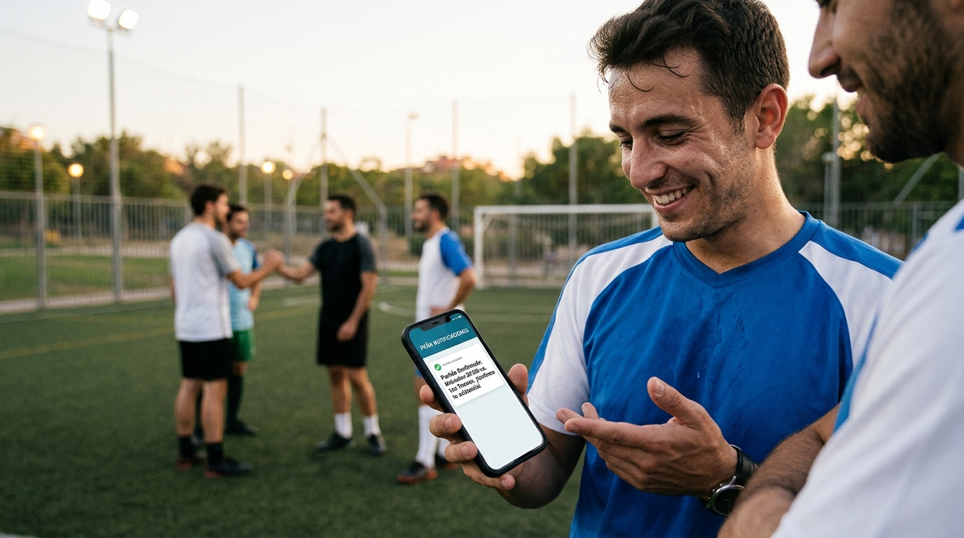 Jugador de fútbol amateur mirando su móvil sonriente, recibiendo una notificación inteligente sobre un partido o convocatoria de su peña.