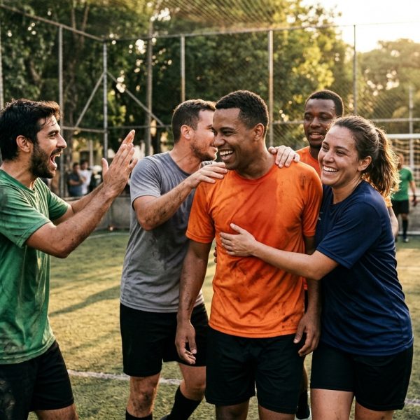 Grupo de amigos celebrando un gol en un partido de fútbol amateur, mostrando compañerismo y alegría