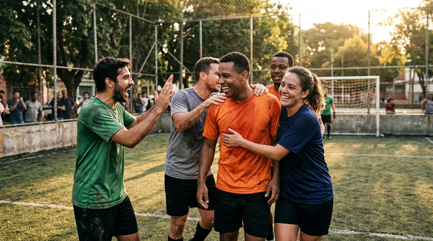 Grupo de amigos celebrando un gol en un partido de fútbol amateur, mostrando compañerismo y alegría