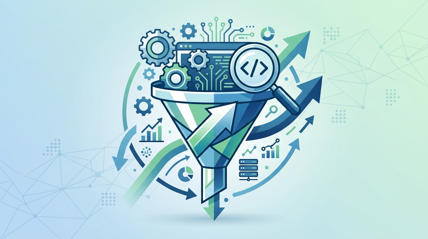 Gráfico de embudo de crecimiento digital con iconos de engranajes y lupa, representando SEO técnico para startups