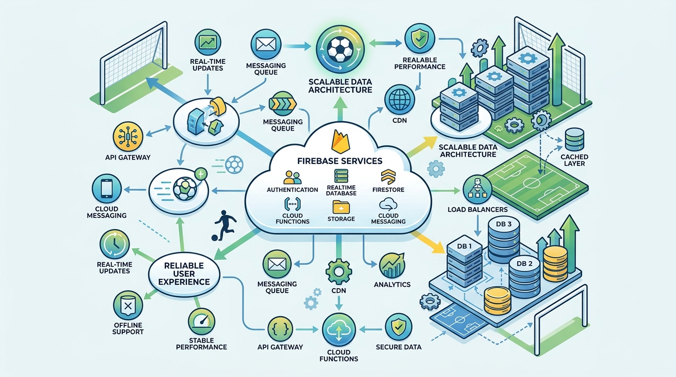 Infografía de arquitectura escalable para aplicación de fútbol amateur, mostrando nodos interconectados y servicios en la nube.