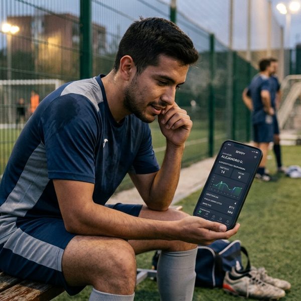 Jugador de fútbol amateur viendo sus estadísticas en una aplicación móvil, mostrando gráficos y números de rendimiento.