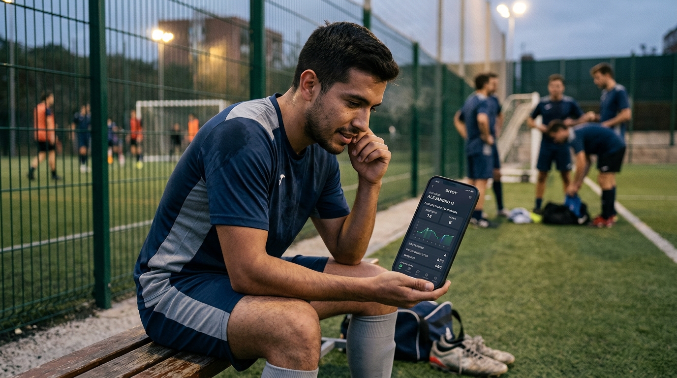 Jugador de fútbol amateur viendo sus estadísticas en una aplicación móvil, mostrando gráficos y números de rendimiento.