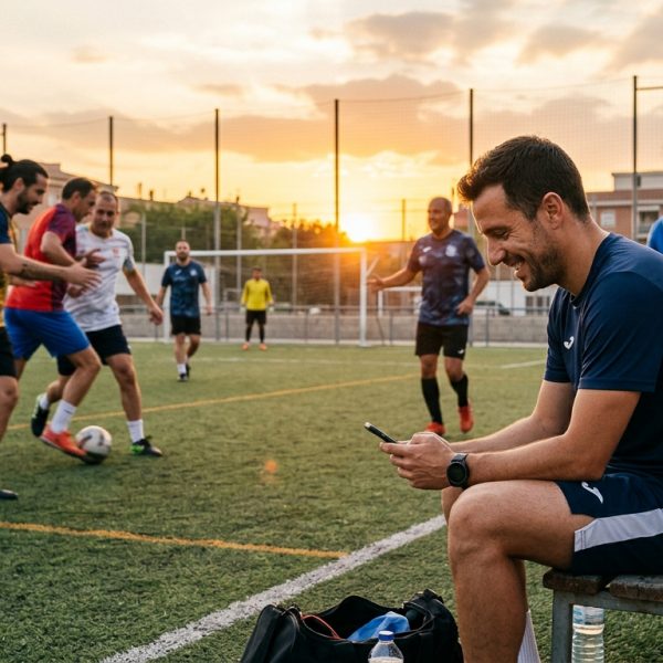 Administrador de peña de fútbol sonriendo mientras personaliza la configuración de su equipo en una app móvil, con jugadores de fondo celebrando en un campo de fútbol amateur al atardecer.