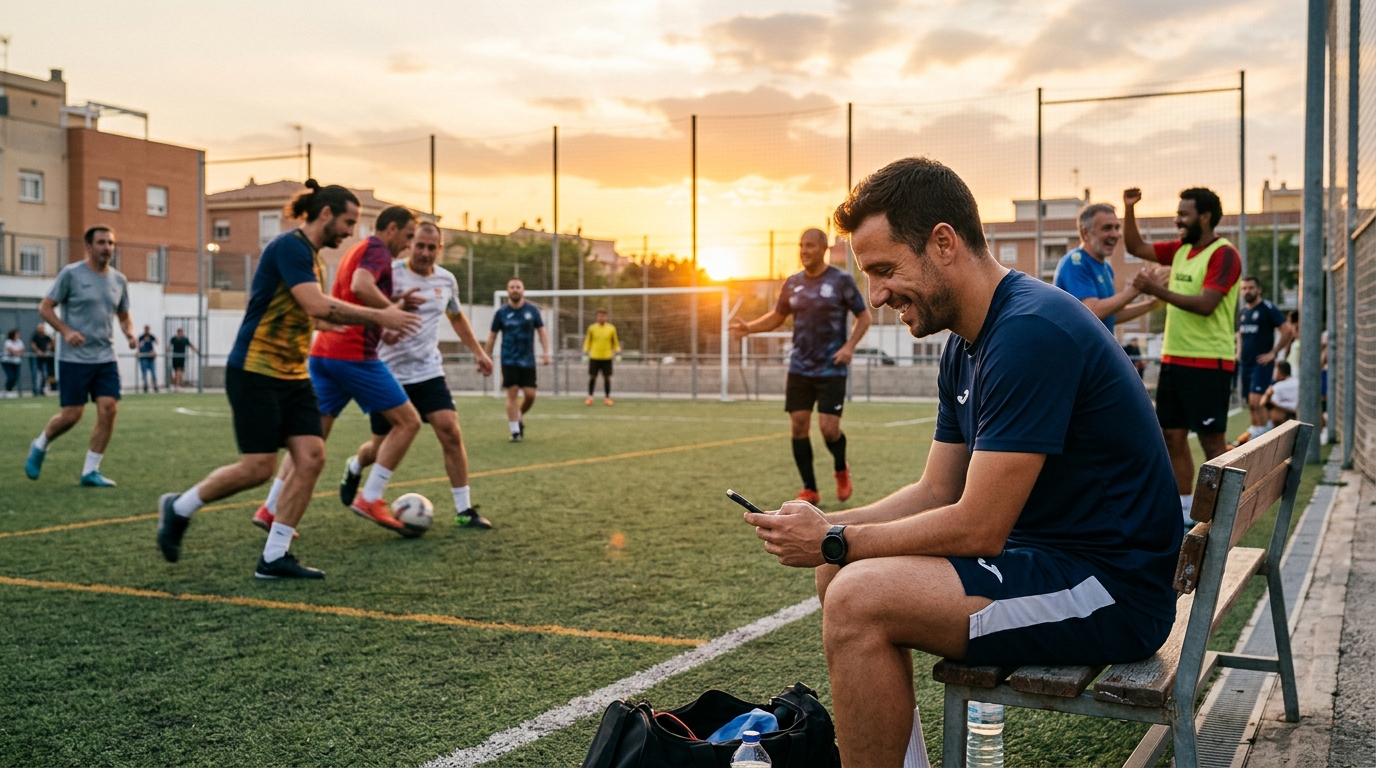 Administrador de peña de fútbol sonriendo mientras personaliza la configuración de su equipo en una app móvil, con jugadores de fondo celebrando en un campo de fútbol amateur al atardecer.