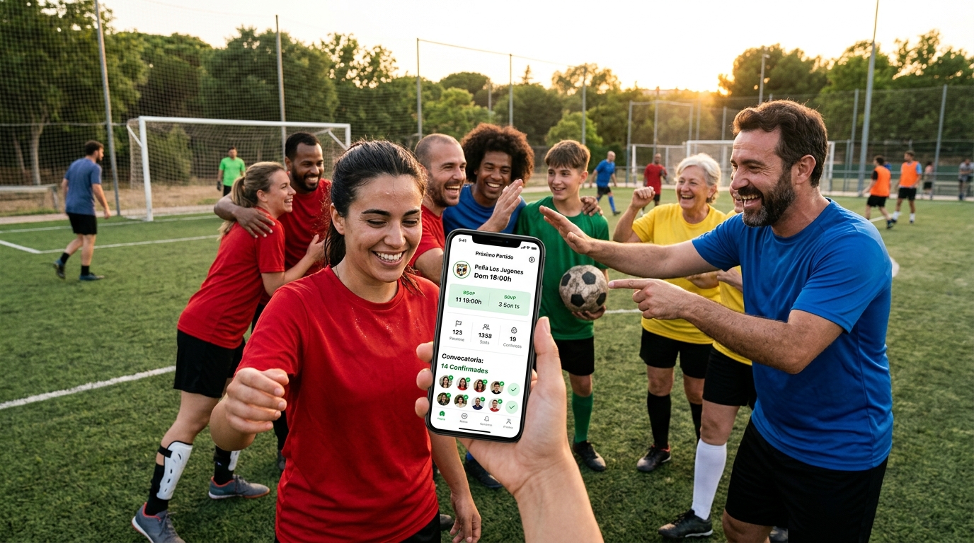 Jugadores de fútbol amateur en un campo, sonriendo y celebrando, con un teléfono móvil mostrando una aplicación de gestión en primer plano.