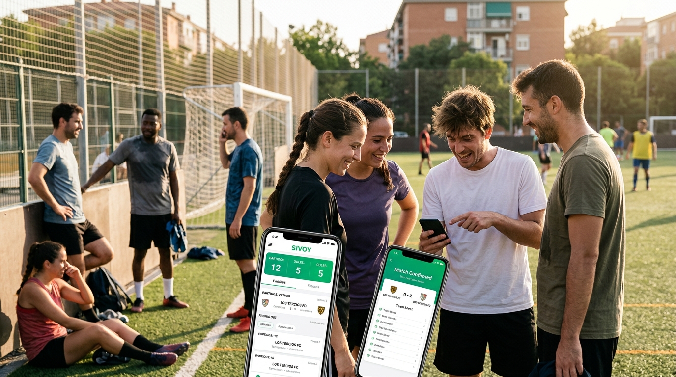 Jugadores de fútbol amateur consultando sus móviles con una aplicación rápida y eficiente en el campo
