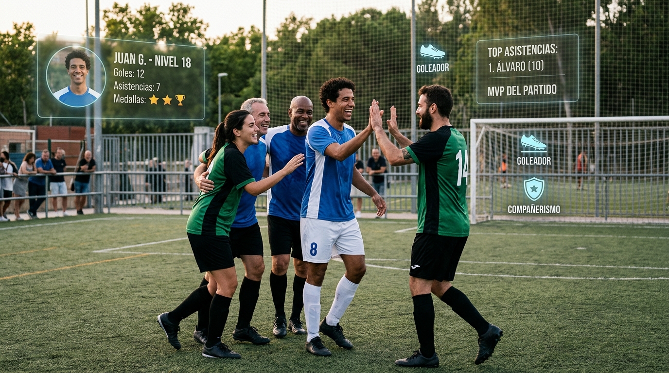 Jugadores de fútbol amateur sonriendo y celebrando un gol, con gráficos de estadísticas y elementos de gamificación superpuestos, simbolizando la armonía y el juego limpio gracias a la tecnología.