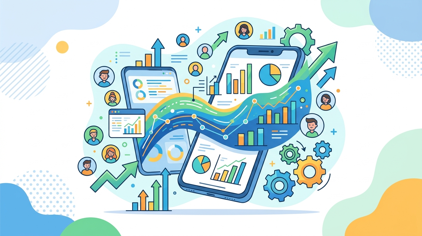 Gráfico de datos con iconos de apps y personas, representando el análisis del comportamiento del usuario en una startup.