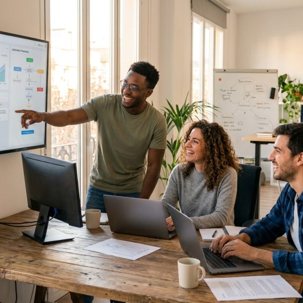 Un equipo de startup sonriente trabajando eficientemente con herramientas de automatización.