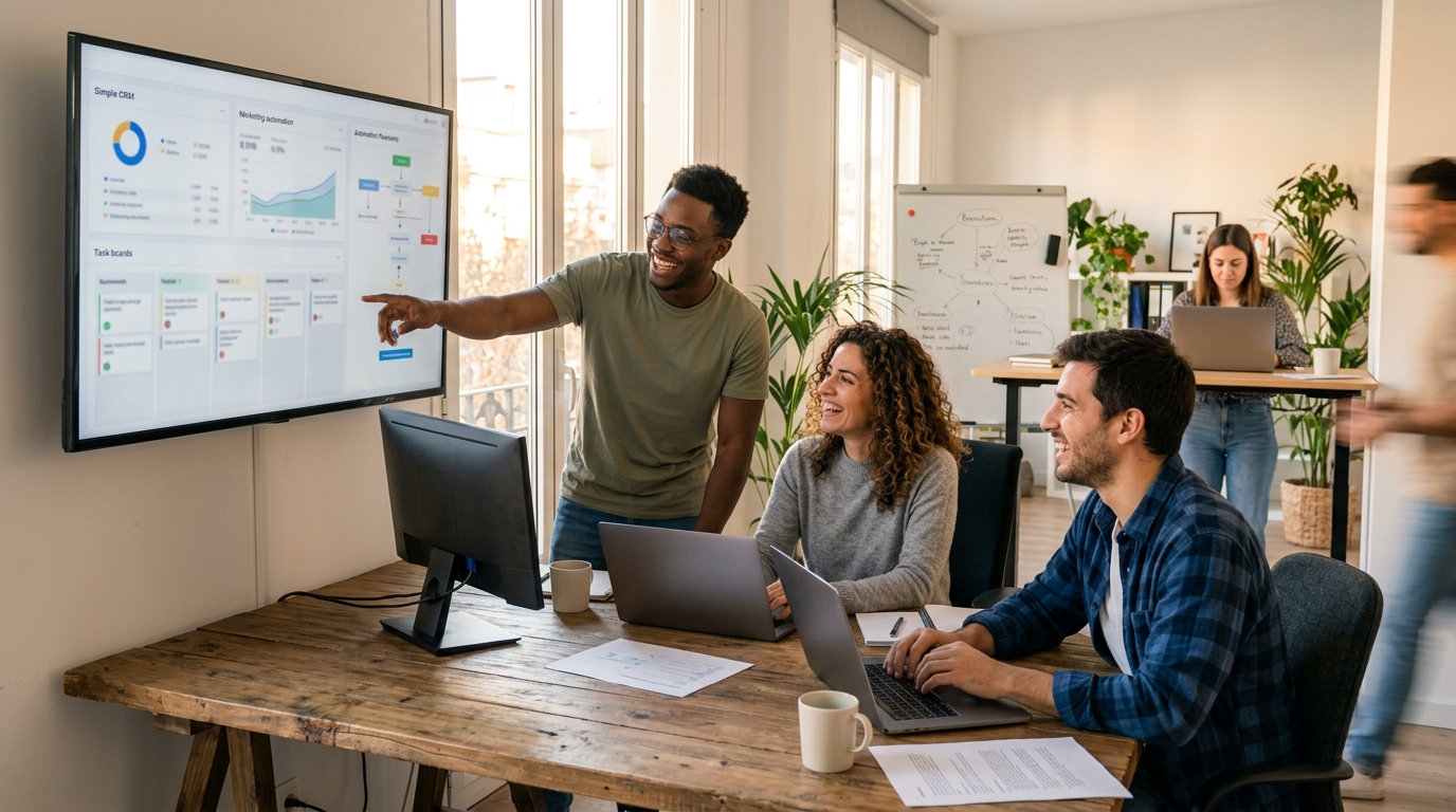 Un equipo de startup sonriente trabajando eficientemente con herramientas de automatización.