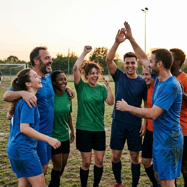 Jugadores de fútbol amateur celebrando juntos en un campo, simbolizando la unión y la resiliencia del equipo.