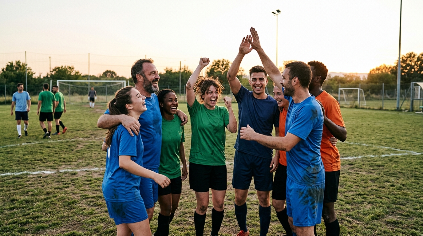 Jugadores de fútbol amateur celebrando juntos en un campo, simbolizando la unión y la resiliencia del equipo.