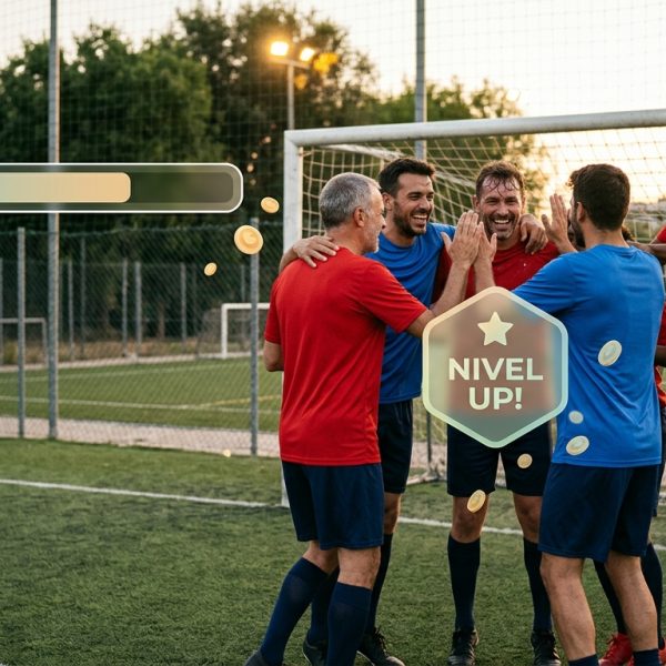 Jugadores de fútbol amateur celebrando un gol, con elementos de gamificación como insignias o barras de progreso sutilmente superpuestas.