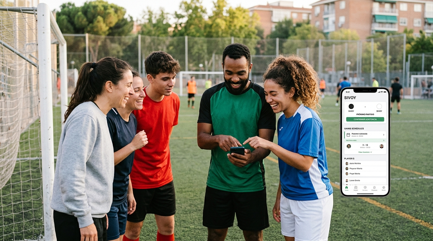 Jugadores de fútbol amateur usando una aplicación móvil de forma fluida y sin problemas en un campo de fútbol
