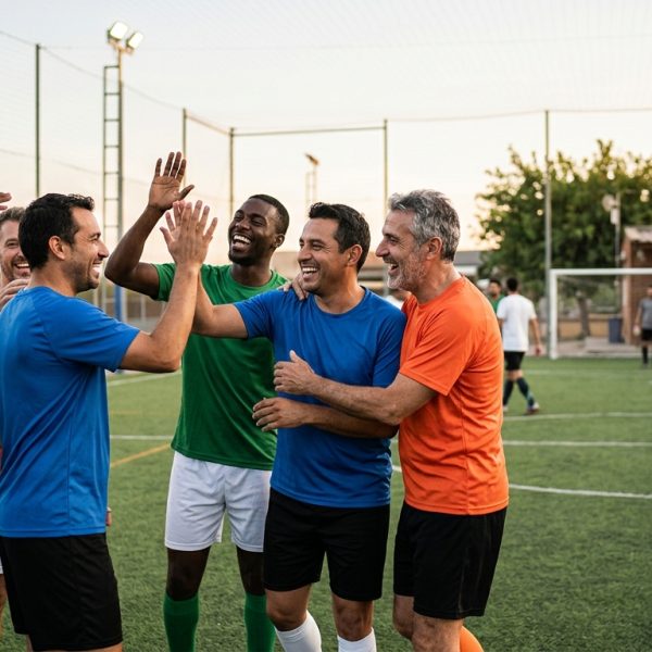 Grupo de amigos celebrando un gol en un partido de fútbol amateur, reflejando la conexión social y la alegría de la comunidad.