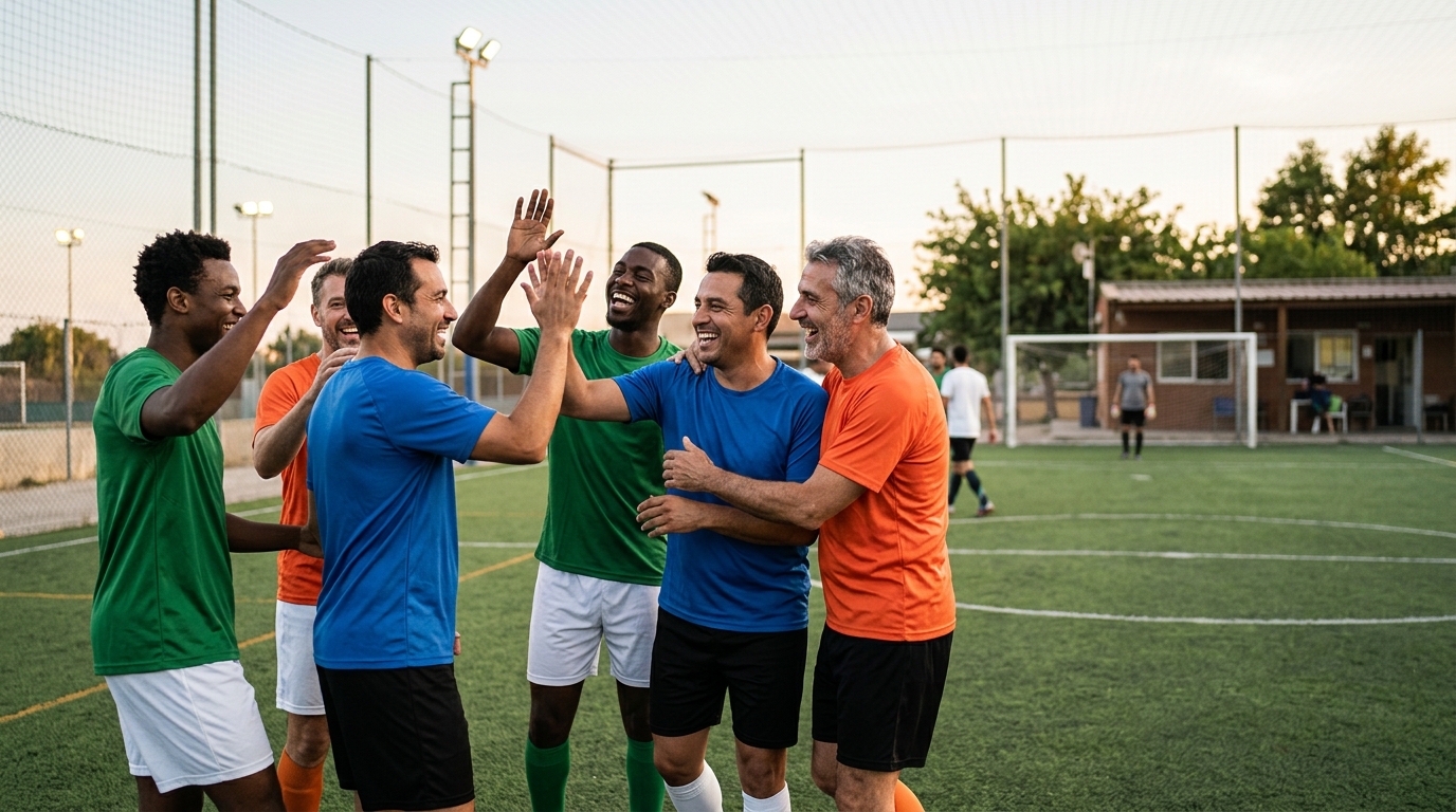 Grupo de amigos celebrando un gol en un partido de fútbol amateur, reflejando la conexión social y la alegría de la comunidad.