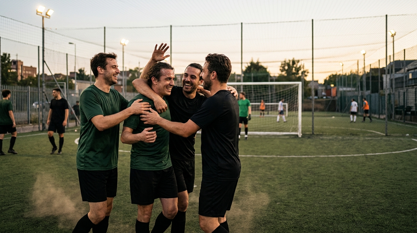 Equipo de fútbol amateur celebrando un gol, con una interfaz de SIVOY superpuesta mostrando estadísticas y organización de partidos, simbolizando el crecimiento a través de la experiencia del producto.