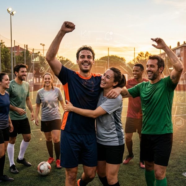 Grupo de amigos jugando fútbol en un campo, sonriendo y celebrando un gol, con elementos digitales sutiles que sugieren organización y tecnología.