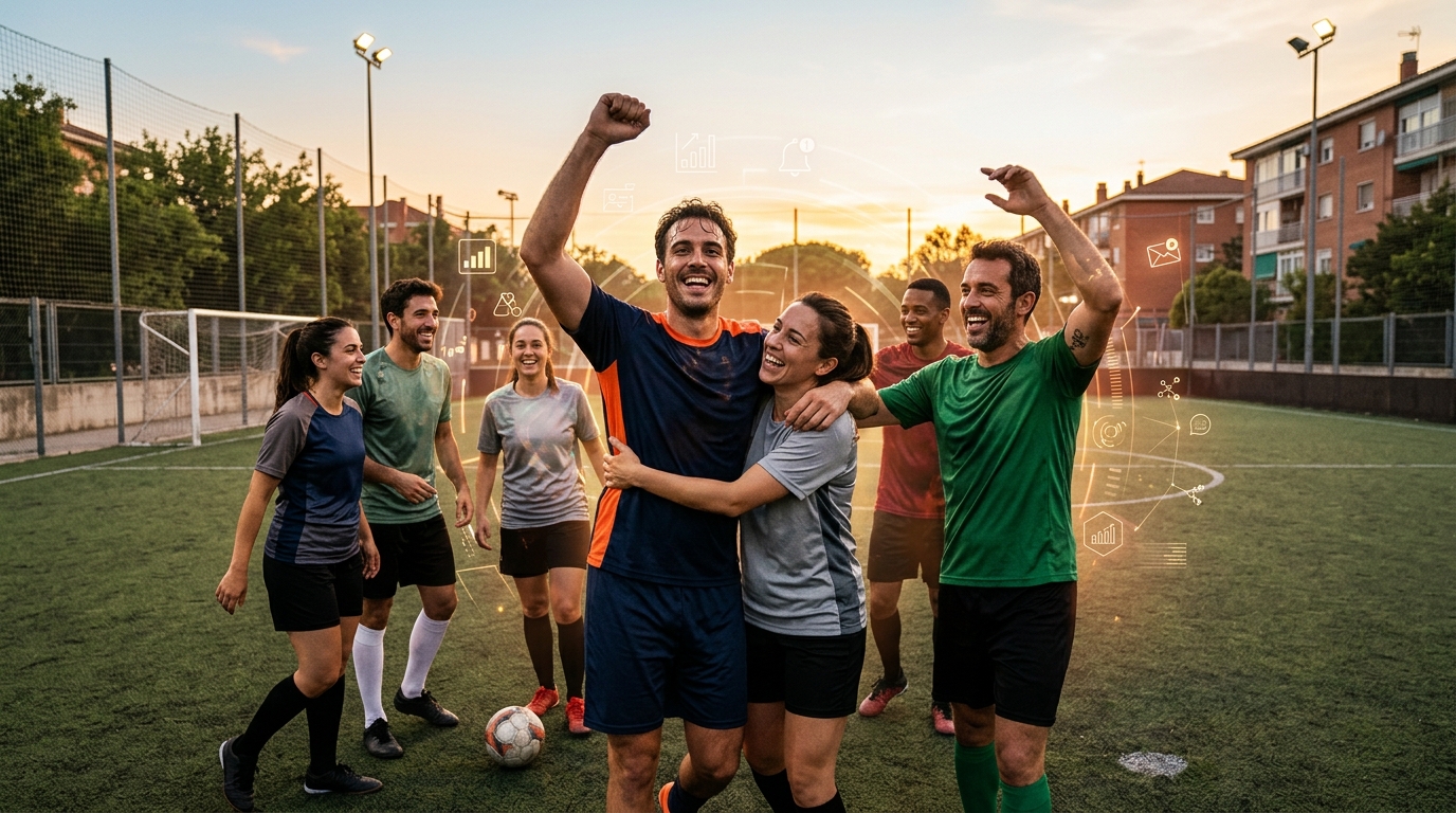 Grupo de amigos jugando fútbol en un campo, sonriendo y celebrando un gol, con elementos digitales sutiles que sugieren organización y tecnología.