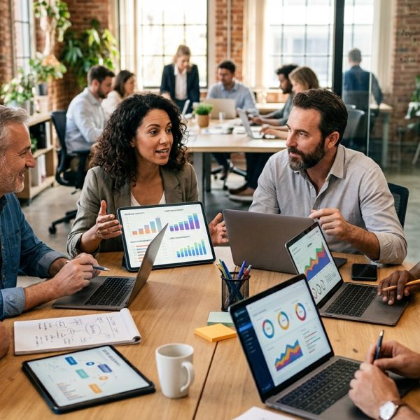 Varias personas colaborando alrededor de una mesa, con gráficos de crecimiento y dispositivos digitales, representando estrategias de monetización y modelos de negocio para startups.