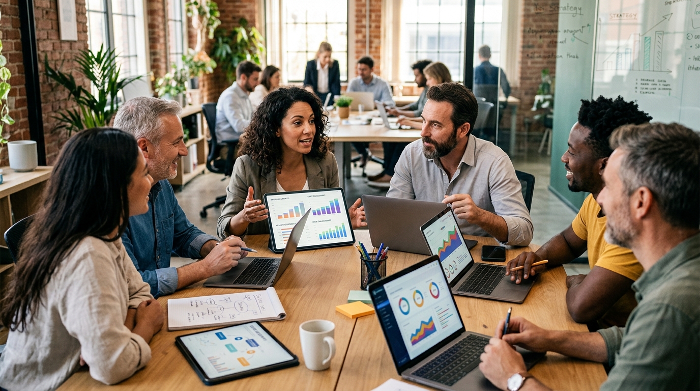 Varias personas colaborando alrededor de una mesa, con gráficos de crecimiento y dispositivos digitales, representando estrategias de monetización y modelos de negocio para startups.