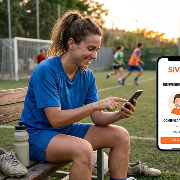 Jugador de fútbol sonriendo mientras usa una app en su smartphone con el logo de SIVOY, mostrando un diseño de onboarding intuitivo y amigable.