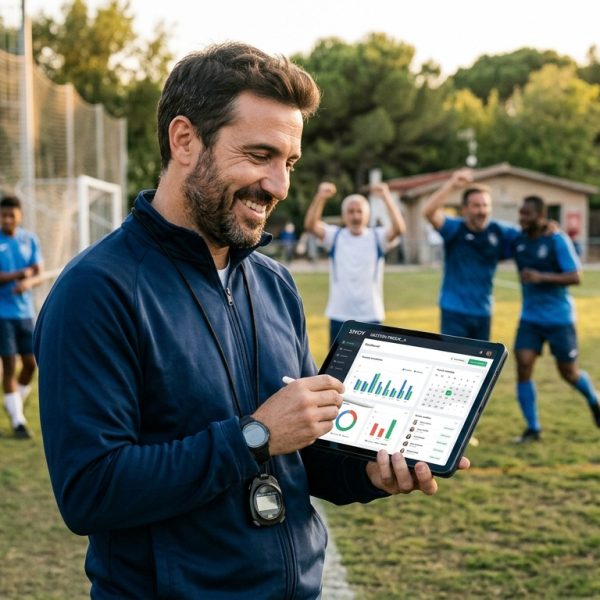 Administrador de peña de fútbol amateur sonriendo mientras usa una tablet para gestionar su equipo de forma predictiva, con gráficos de datos y un calendario virtual de fondo. La imagen transmite facilidad y control.