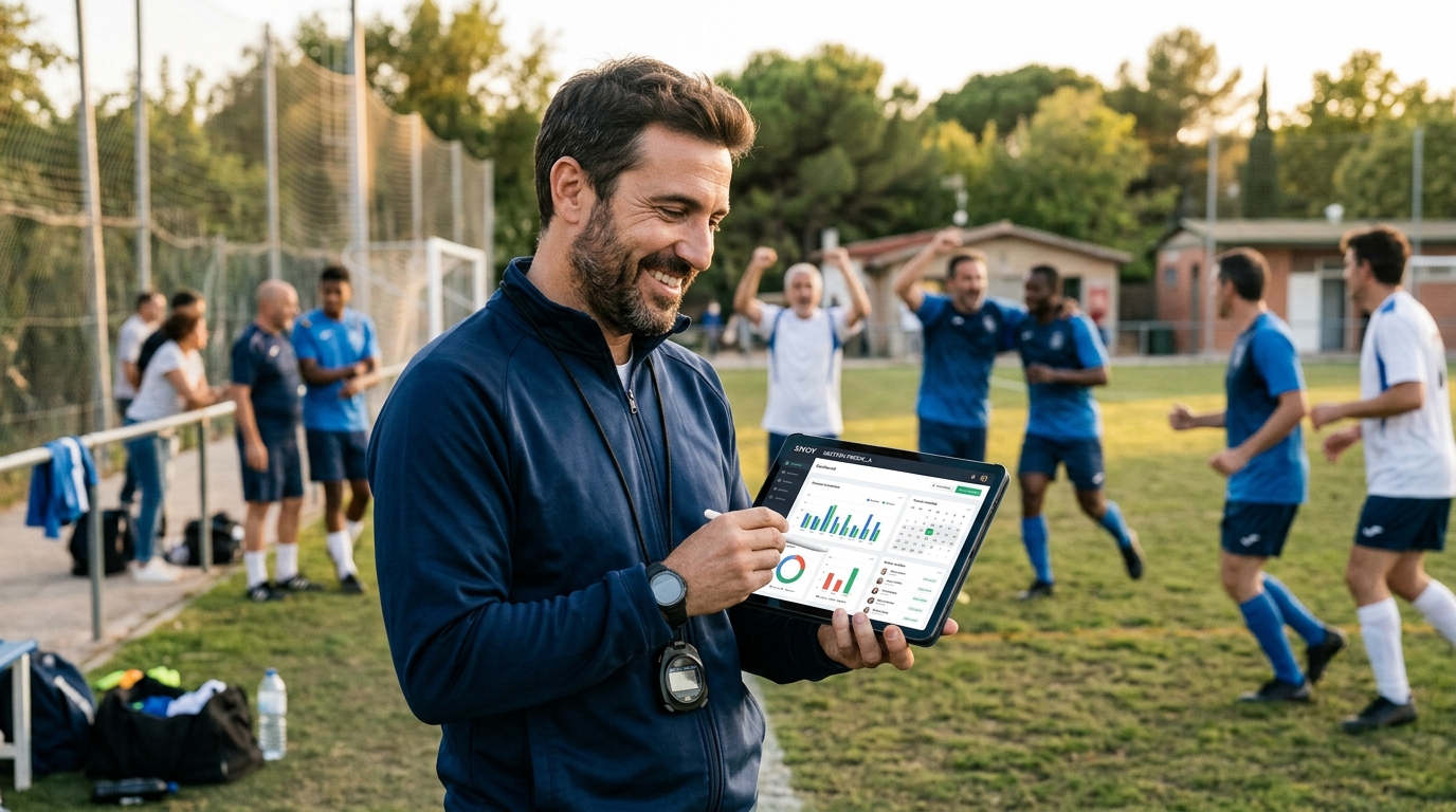 Administrador de peña de fútbol amateur sonriendo mientras usa una tablet para gestionar su equipo de forma predictiva, con gráficos de datos y un calendario virtual de fondo. La imagen transmite facilidad y control.