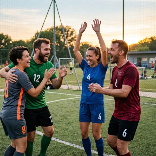 Jugadores de fútbol amateur celebrando un gol en un campo, con la imagen de una aplicación de gestión superpuesta que muestra estadísticas y calendarios.