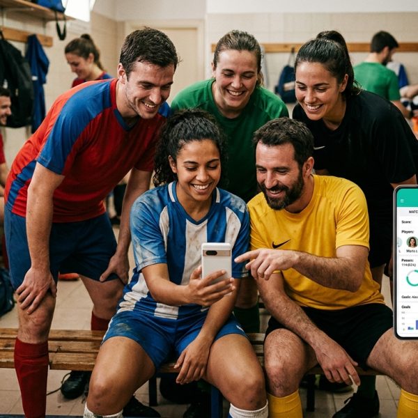 Jugadores de fútbol amateur consultando estadísticas transparentes y fiables en una tablet, con sonrisas y ambiente de fair play.