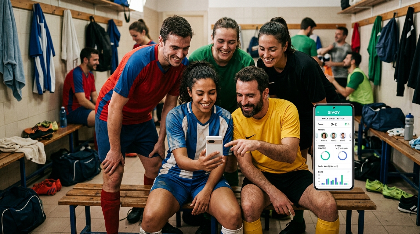 Jugadores de fútbol amateur consultando estadísticas transparentes y fiables en una tablet, con sonrisas y ambiente de fair play.
