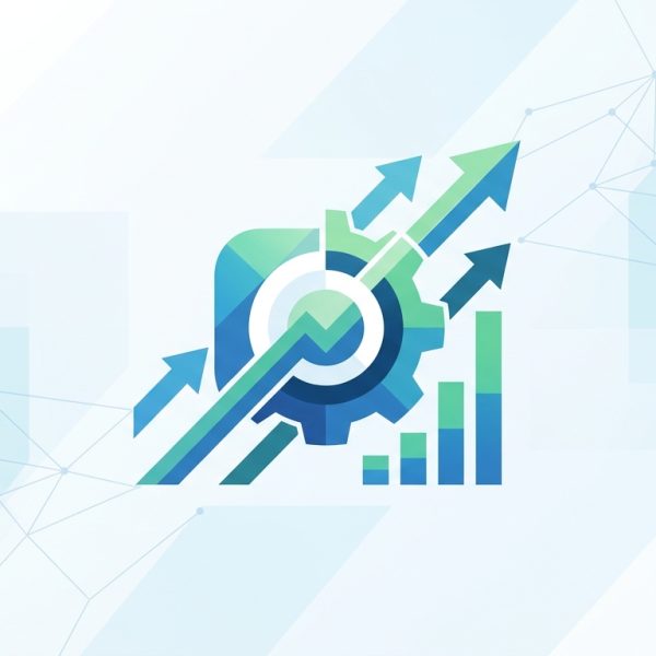 Un gráfico de barras ascendente con un icono de producto en el centro, simbolizando el crecimiento impulsado por el producto de startups