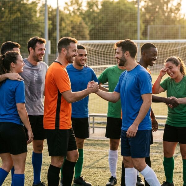 Grupo de amigos de una peña de fútbol amateur riendo y estrechándose las manos tras un partido, simbolizando una buena convivencia y ausencia de conflictos gracias a un reglamento interno.